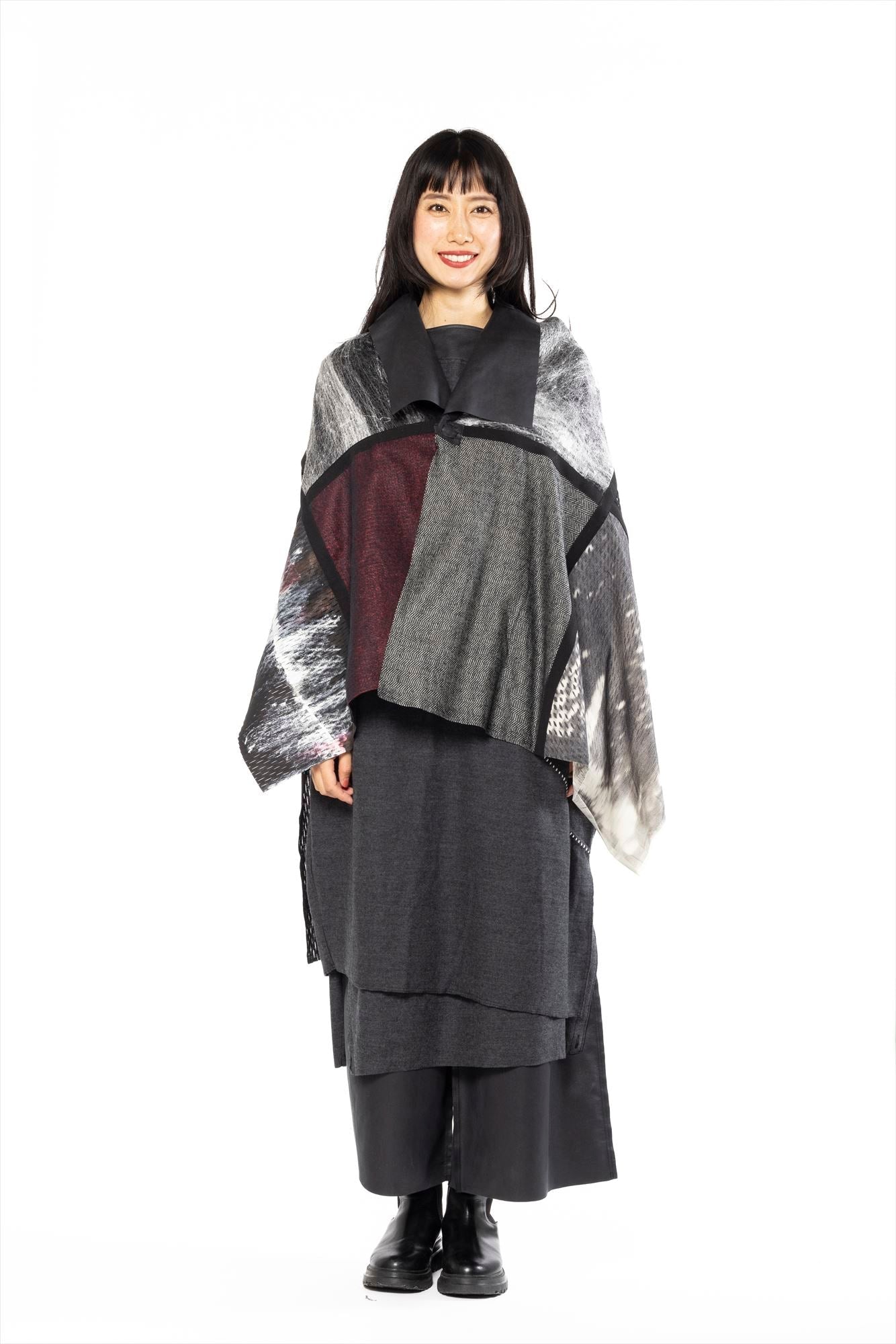 HYBRID PONCHO［WOOL × LEATHER］HANDPAINTED